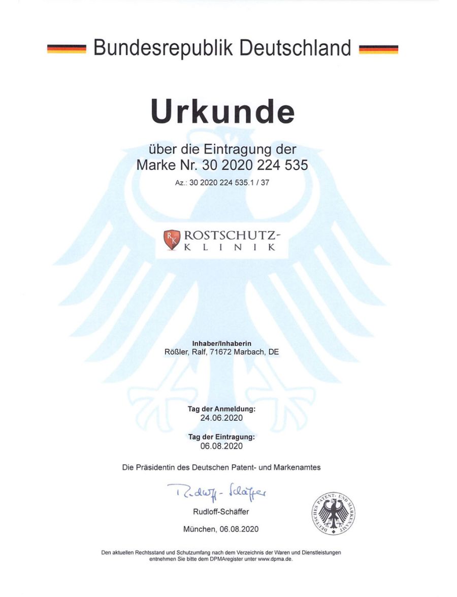 Rostschutzklinik-Patentamt-Urkunde
